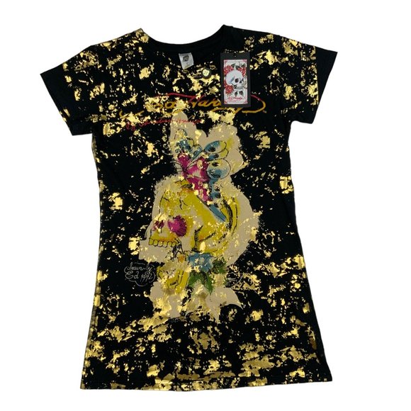 Ed Hardy NWT Rare Gold Fleck Sketch T-Shirt L Black Butterfly Skull t-shirt - Picture 11 of 11